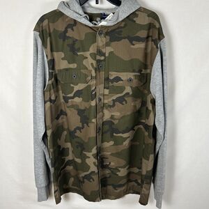 H&M Divided Men's Large Camo Hoodie Button Up Shirt Jacket Gray Hood
